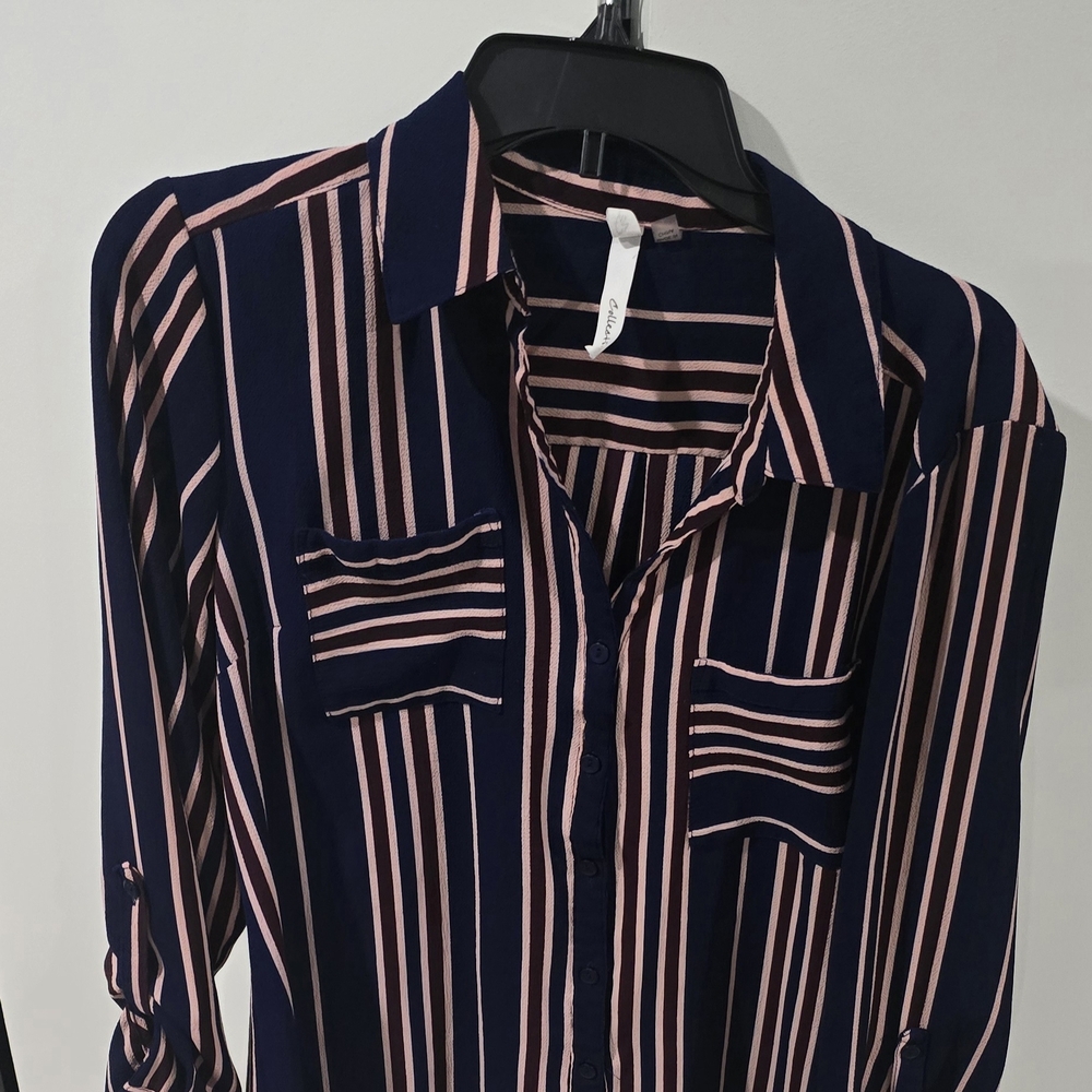 NY Collection Navy and Pink Striped Blouse